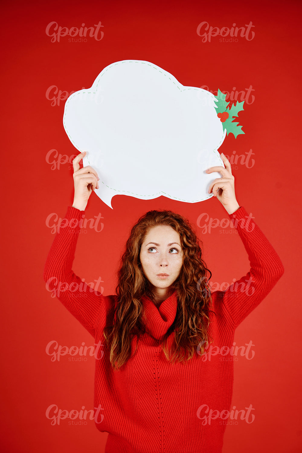 Girl with speech bubble looking up