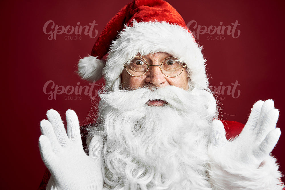 Close up of Santa Claus with shocked face