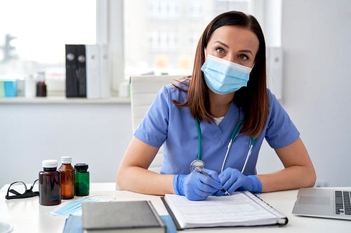 Portrait of female doctor sitting at desk in protective mask