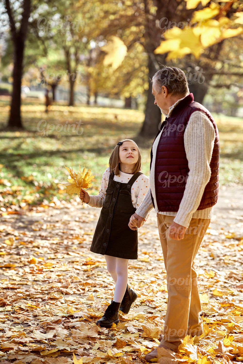 Senior man with her granddaughter walking at the park during the autumn 