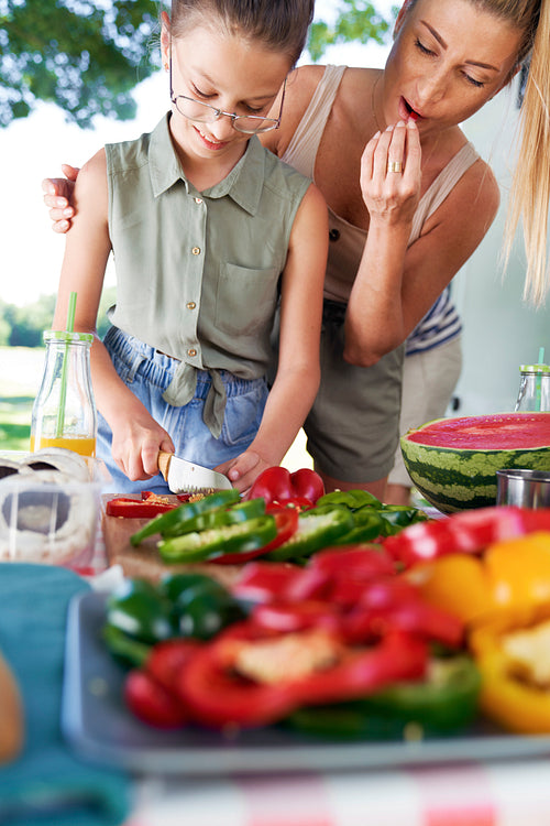 Vertical image of daughter helping mother in preparing barbecue meals