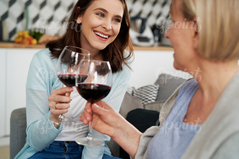 Two happy women toasting in wine at home